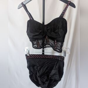 Dance Costume -Black Fringe Bralette & High-Waist Brief Set W/ Red Accents